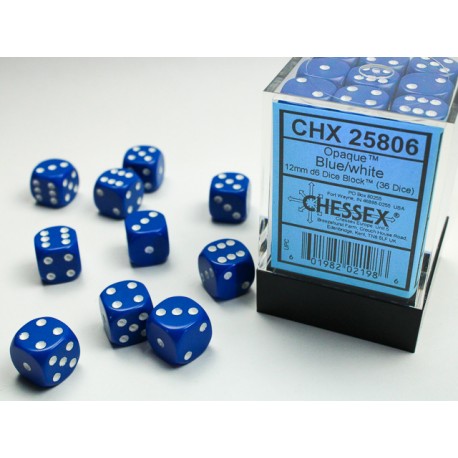 Chessex Opaque Blue/white 12mm d6 Dice Block (36 dice)