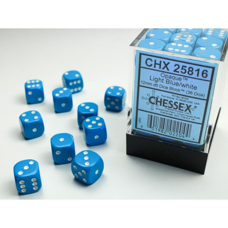 Chessex Opaque Light Blue/white 12mm d6 Dice Block (36 dice)