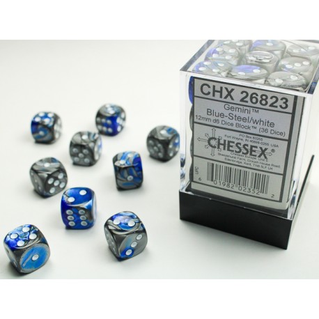 Chessex Gemini Blue-Steel/white 12mm d6 Dice Block (36 dice)